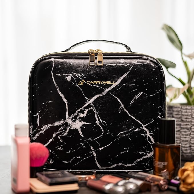 Carrywell Makeup Bag Travel Case, Not-Made In China, Hard Train Case for Cosmetics, Portable Beauty Artists Organizer, Storage Box With Adjustable Dividers For Make Up and Brushes, Small Marble