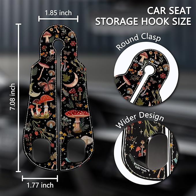 Blusabaca 2PCS Car Seat Back Storage Headrest Hooks, Mushroom Moon Purse Holder Bags Hanger, PU Leather Double Metal Hook for Backseat Organizer, Women Car Accessories Organization