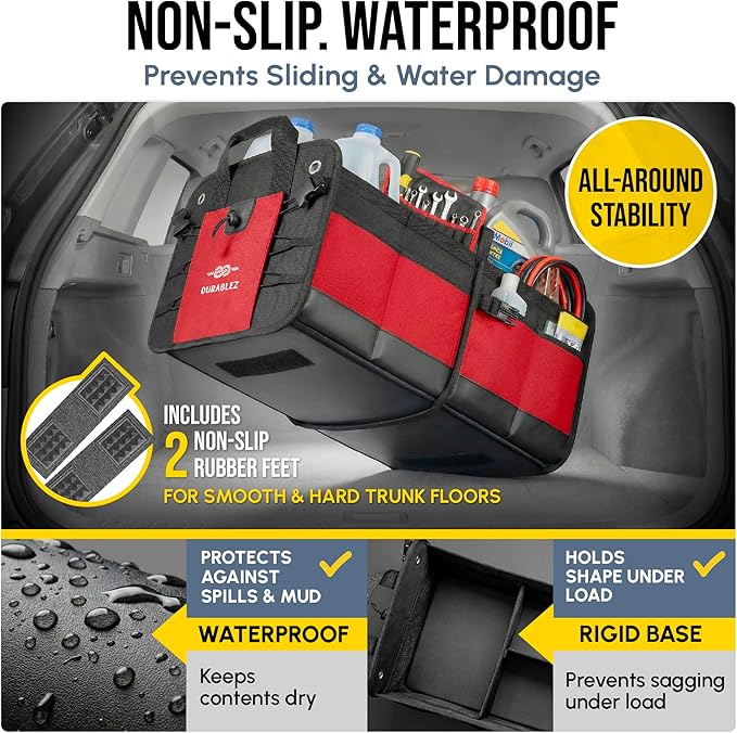 XL Trunk Organizer 3-Section Modular – Extra Large Car Storage for Groceries & Travel Gear, Multi-Compartment Foldable Cargo Bin – Red