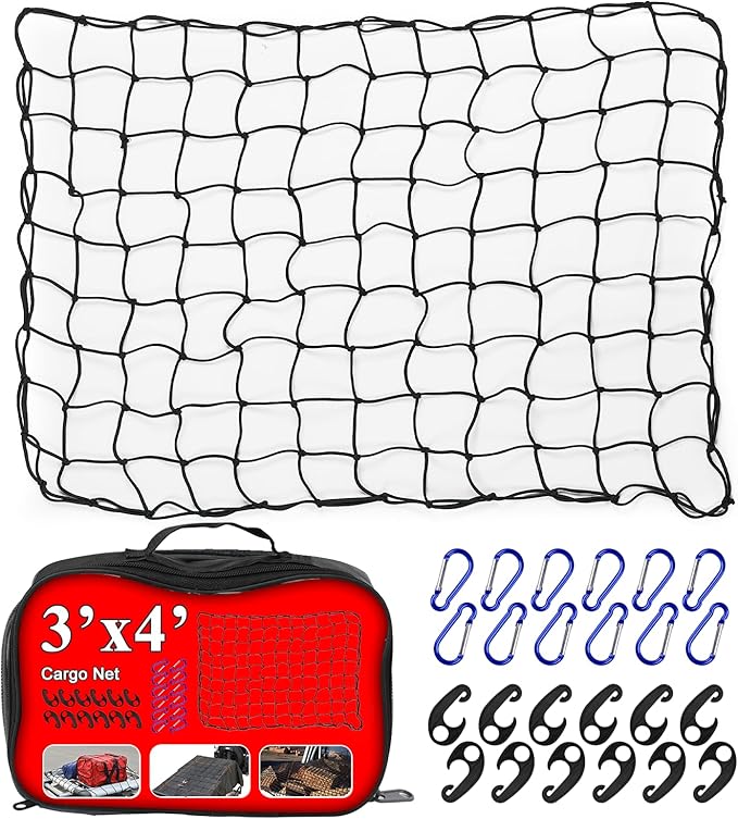 3’x4’ Truck Cargo Net Expands to 6' x 7' with 4"x4" Mesh Grid Super Duty Bungee Heavy Duty Bed Netting for Truck Bed Stretches with 12 Adjustable Metal Carabiners by Cenipar