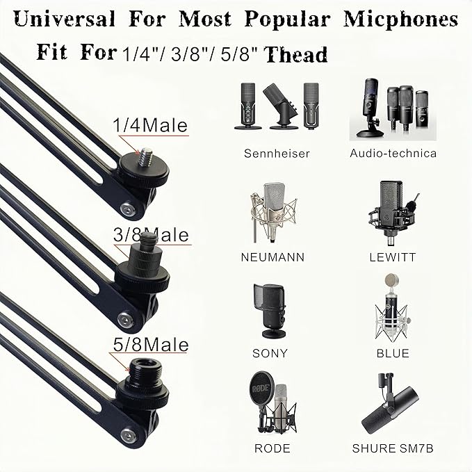 Low Profile Mic Boom Arm Stand 360° Rotatable Adjustable Compact and Foldable Table Microphone Arm Holds 2.5kg with 3/8" to 5/8" Screw Adapter for Game Streaming Podcast Broadcast (C Clamp Mount)