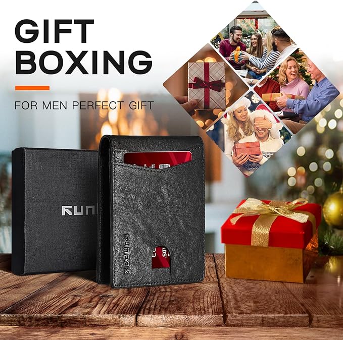RUNBOX Wallet for Men Slim Leather Bifold RFID Blocking Minimalist Front Pocket Design with Gift Box