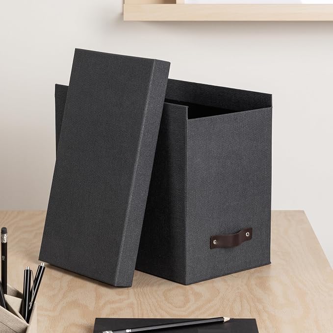 Bigso John Desktop File Box - Storage Solution and Document Organizer for Important Paperwork - Durable Hanging File Box with Lid and Leather Handle - 7.36 in x 13.26 in x 10.51 in - Black