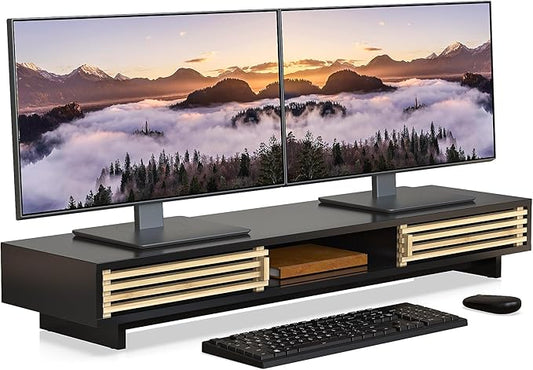 Dual Monitor Stand with Sliding Bamboo Doors - Heavy Duty Wood Computer Monitor Riser for 2 Screens, Ergonomic Desk Organizer with Storage & Keyboard Tray, Natural & Black (38 Inch)