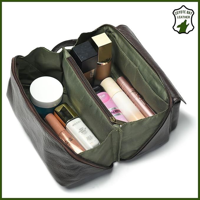 Coyote Bay® Flypouch Premium Full Grain Soft Leather Toiletry Bag, Large 9 Inch, Makeup Bag, Travel Organizer Pouch, Shaving Kit, Cosmetics Toiletry Bathroom Organizer (Brown, Large)