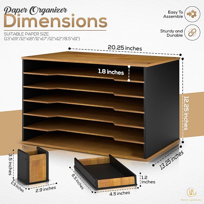 Wooden Paper Organizer 20.25"W x 12.25"H x 13.25"D, 6-Tier Storage for 12"x18" & 11"x17" Sheets, Includes Matching Pen Holder & Tray, Ideal for Office, Home, Art Room and Classroom