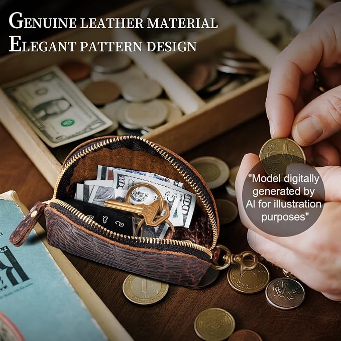 Gexmil Genuine Leather Coin Purse with Zipper, Full Grain Leather, Mini Coin Pouch for Women Men, Change Wallet,Crocodile Brown