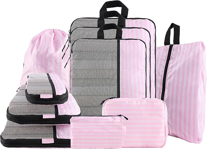 U+U 10 Set Compression Packing Cubes - Ultralight Pink Stripe Travel Organizers with Laundry Bag, Space-Saving Suitcase Organizer, Expandable Packing Cubes for Travel and Family Vacation (Pink Stripe)