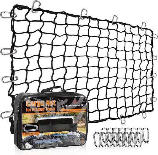 Seven Sparta 5’ x 7’ Bungee Cargo Net Stretches to 10' x 14' for Truck Bed, Pickup Bed, Trailer, Trunk, SUV with 16 Bonus D Clip Carabiners Car Organizer Net for Large Loads (Black, 5'x7')