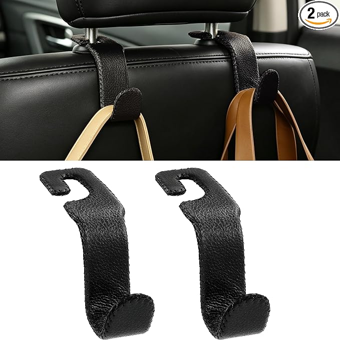 Amooca Car Seat Headrest Hook, Universal Vehicle Storage Hanger, Leather with Metal Car Seat Back Organizer for Handbag, Purse, Coat, Ergonomic Design, Black 2 Pack
