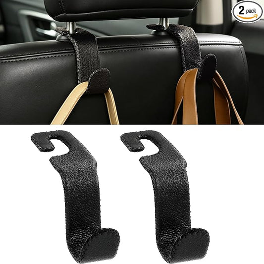 Amooca Car Seat Headrest Hook, Universal Vehicle Storage Hanger, Leather with Metal Car Seat Back Organizer for Handbag, Purse, Coat, Ergonomic Design, Black 2 Pack