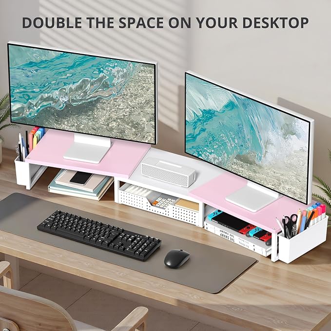 OPNICE Desk Organizers and Accessories, Dual Monitor Stand Riser with Drawer and 2 Pen Holders, Desk Shelf Wood Computer Racks for Office Workspace Organizers, Desktop Organization (Pink-White Wood)