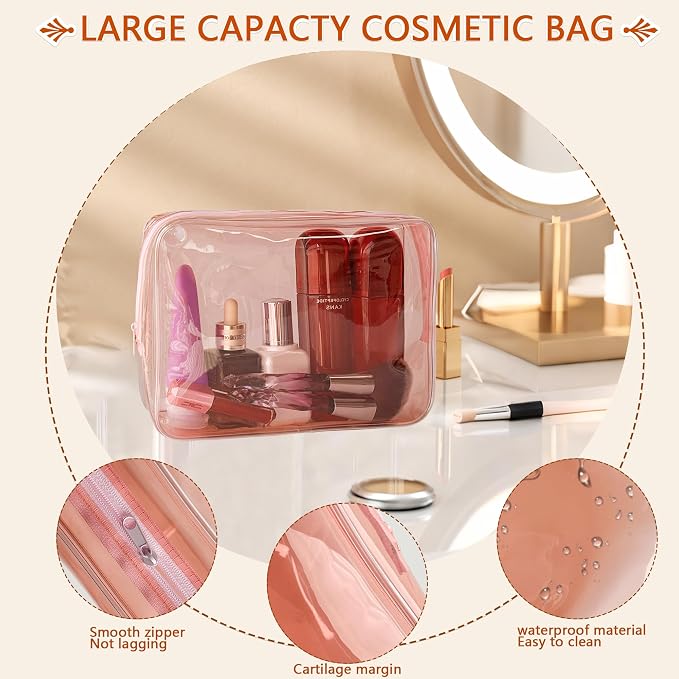 Waterproof PVC Makeup Bag - Leakproof Cosmetic Organizer for Travel Toiletry Storage 9.84×7.09×2.36 Inch for Women & Men (Brown)
