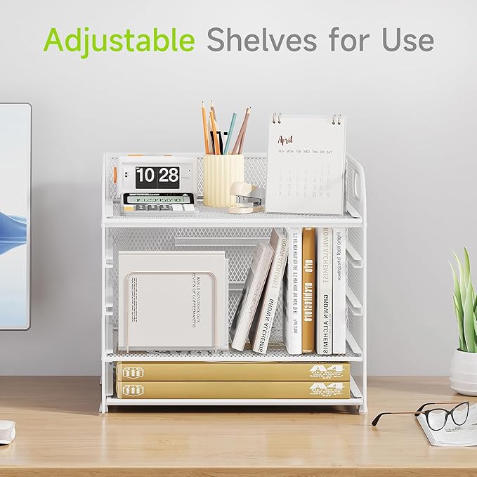 Cawukege 2 Pack 5 Tier Paper Organizer, Letter Tray with Handle, Mesh Desk Organizer, Metal File Organizer, Office Desk Accessories for Home, Office, Classroom, School -White