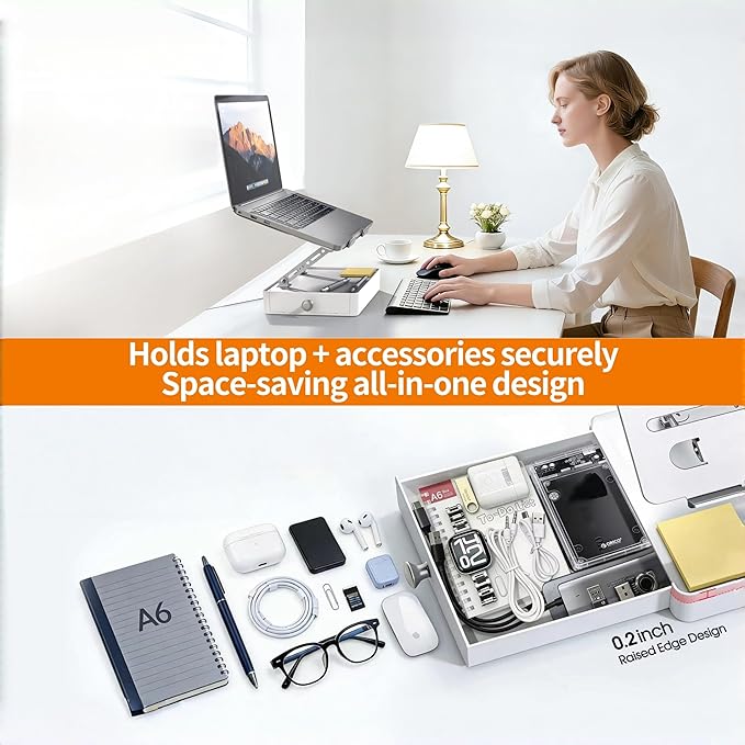 Laptop Stand with Storage Drawer, Adjustable Ergonomic Laptop Riser for Desk, Heavy-Duty Metal Stand for 10??6??Laptops, Space-Saving Desk Organizer for Remote Work & Home Office, Silver