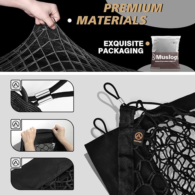 Muslogy Truck Bed Cargo Net Trunk Netting Compatible with Toyota RAV4 2019-2024 2025 Accessories, Pickup Cargo Organizer SUV Sedan Storage Net w/Heavy Duty Carabiners