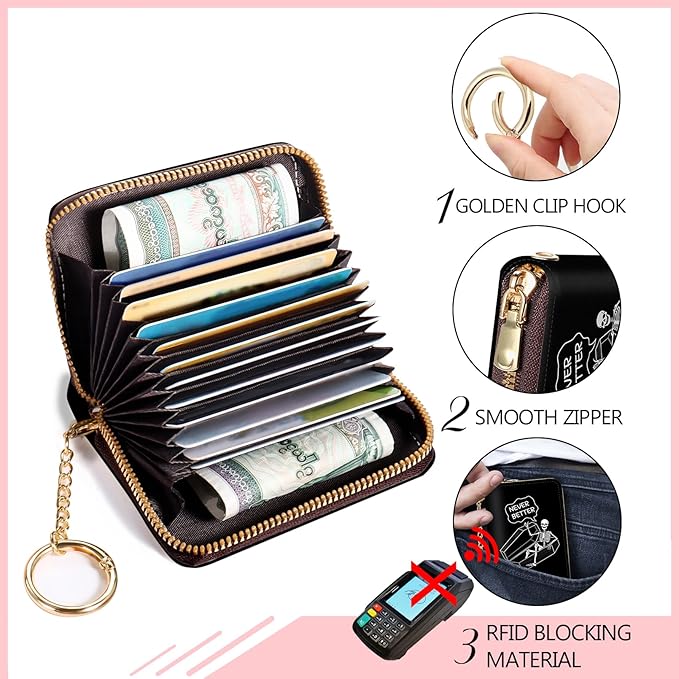 Blusabaca Skeleton Skull RFID Wallet, Credit Card Holder for Women, Funny Small Wallet with Card Slots Zipper, Leather RFID Card Keychain Wallet, Card Case RFID Blocking Accordion Gift