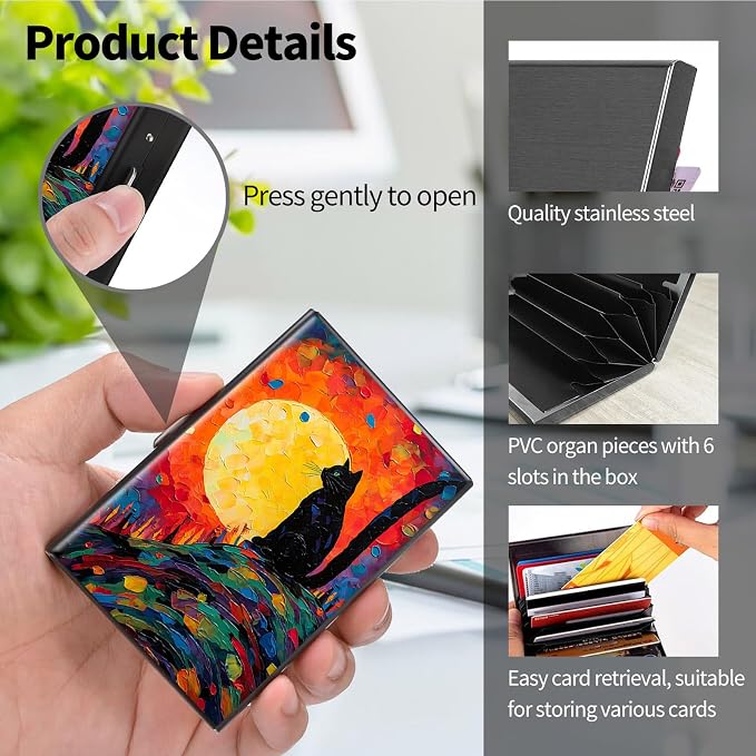Metal Wallet for Women Men Girls, RFID Blocking Slim Aluminum Credit Card Holder, Mini Travel Wallet with Hard Shell, Lightweight ID & Business Card Case,Art Black Cat Sun