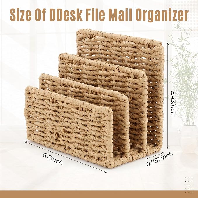 Paper Rattan Mail Organizer for Desk Mail Holder Countertop with 3 Slot Paper Rattan Letter Sorter File Holder Envelope Book Stand Farmhouse Office Desk Organizer and Storage Accessories