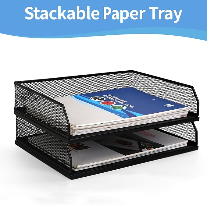 Paper Tray Desk Organizer, 2 Pack Stackable Letter File Tray, Wire Mesh Desktop Organizer, Front-Load Metal A4 Paper Sorter Documents Storage Holder Tray for Office Supplies Home School Classroom