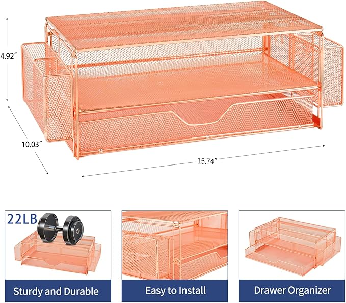 AUPSEN Computer Monitor Stands Riserï¼?-Tier Desk Organizers and Accessories, Office Desk Accessories Organizer with Drawers and 2 Pen Holder for Office Supplies (Rose Gold)