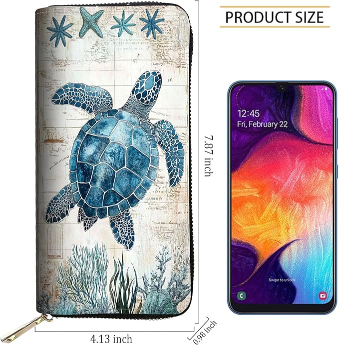 RFID Blocking Leather Wallet for Women – Large Capacity Zip Around Clutch with 8 Card Slots,13 Cash Pockets & Coin Zipper,Sea Turtle Illustration