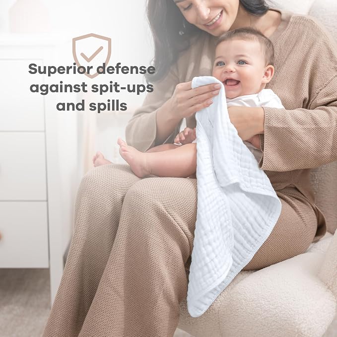 Comfy Cubs Muslin Burp Cloths 20" x 10", Pack of 6 - Large, 6-Layer, Ultra Absorbent 100% Cotton for Baby Spit-Up, Drool, and Messes - Soft, Safe & Gentle Baby Burp Cloths Set for Boys & Girls - White