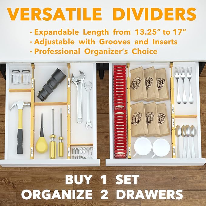 SpaceAid Bamboo 13.25-17??Drawer Dividers (Need 2.35" Deep Drawer) Kitchen Adjustable Organizers, Expandable Organization for Home, Office, Dressers, 4 Dividers with 9 Inserts