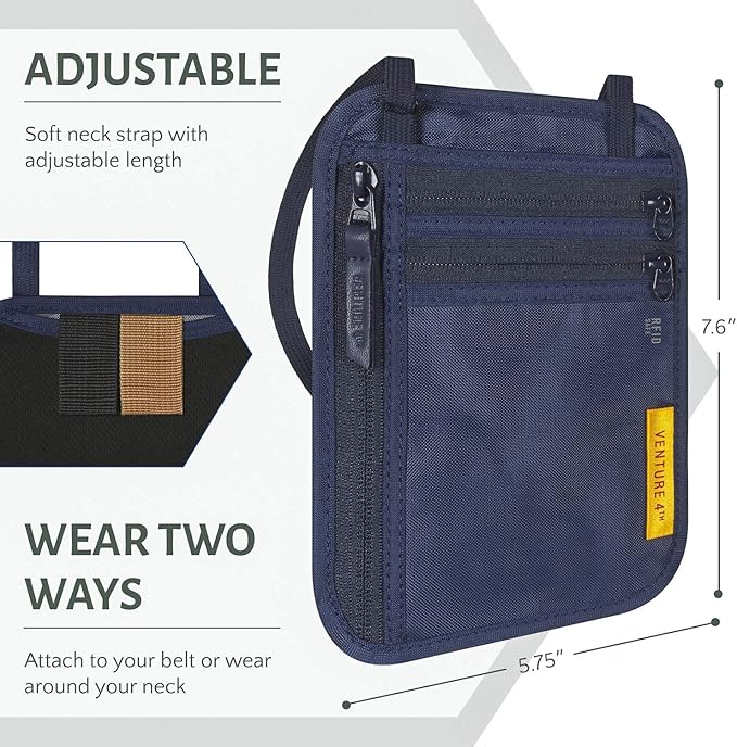 VENTURE 4TH Slim Passport Holder Neck Pouch with RFID Blocking Travel Neck Wallet and a Nylon Lining (Navy)