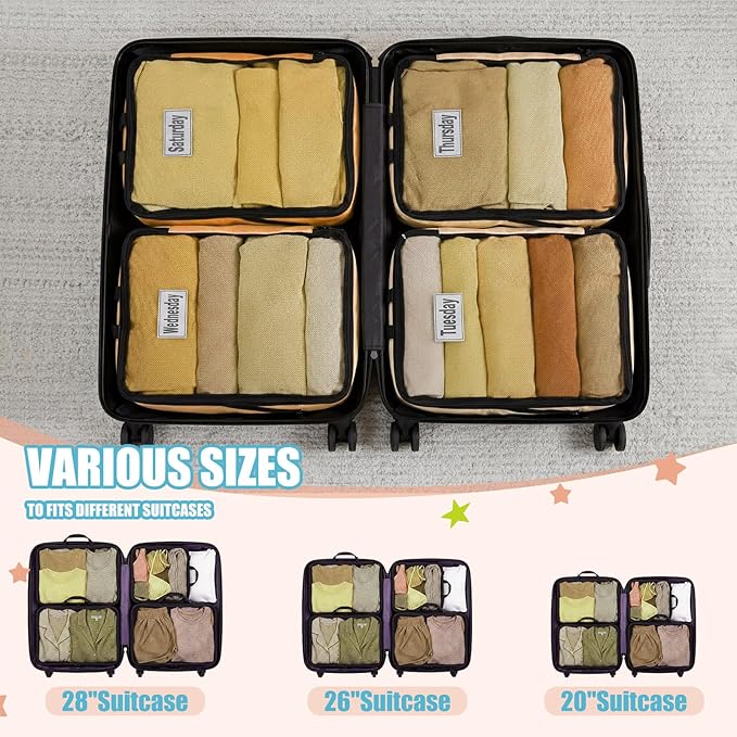 7 Pcs Packing Cubes for Travel Days of Week Compression Packing Cube with Labels Organizers Luggage Storage Bag(Multicolor,Large)