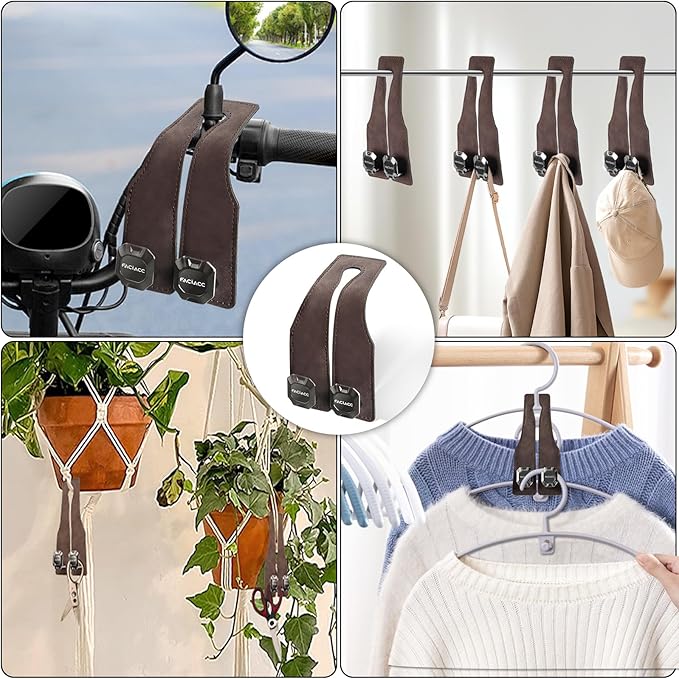 FACIACC 4 Pack Car Seat Headrest Hooks, Purse Hook for Headrest Universal Double Car Headrest Hooks Accessories Backseat Hanger Bag Holder Storage Hanger for Handbag Purse Coat Bags, Brown