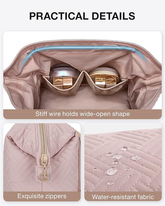 BAGSMART Travel Makeup Bag, Cosmetic Bag Small Make Up Organizer Case,Wide-open Pouch for Women Purse for Toiletries Accessories Brushes Pink