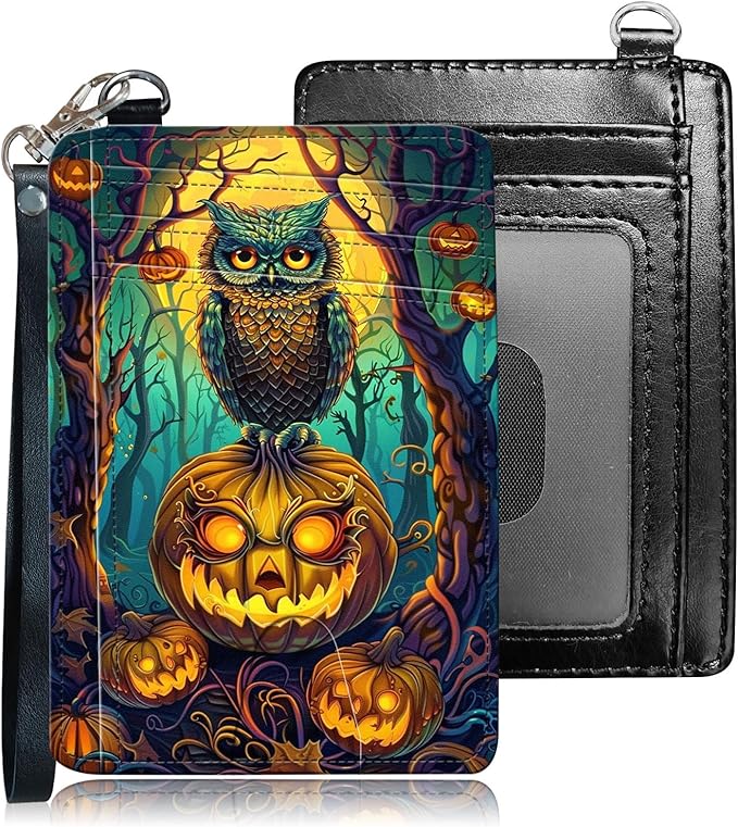 Slim RFID Blocking Card Holder Wallet with Wrist Strap - Minimalist Front Pocket Wallet, Halloween Owl Design, PU Leathe, for Men & Women, Ideal for Travel & Gifts