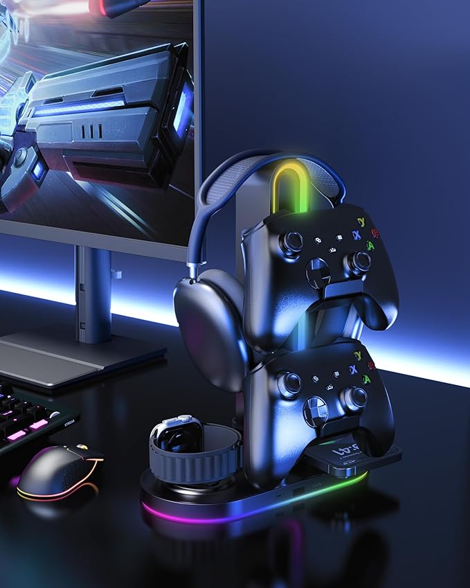 HiWe Universal RGB Gaming Headphone Stand with 2 Controller Holder, Wireless Charger for iPhone/iWatch, Solid ABS, Non-Slip Base, with USB-A & USB-C Outputs, Adatper Included, Black