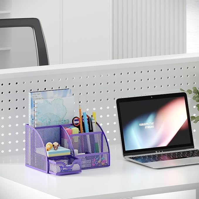 EasyPAG Mesh Desk Organizer with Drawer Multi-functional Pen Holder Stationery Organizer for Office School Supplies 6 Compartments Dorm Organizers and Storage for Desk, Purple