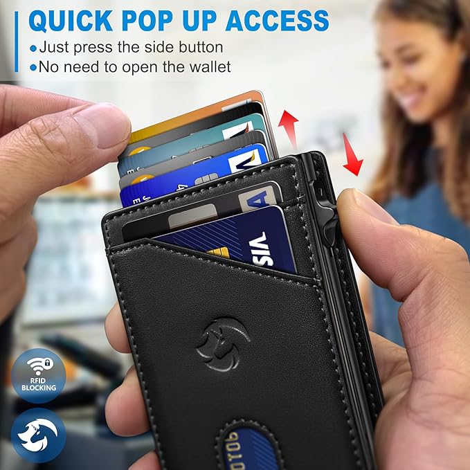 Wallet for Men, Slim Pop Up Card Holder with RFID Blocking, Minimalist Bifold Wallet with 9 Card Slots, ID Window and Cash Pocket, Metal Flip Case with Magnetic Closure, Gift Box