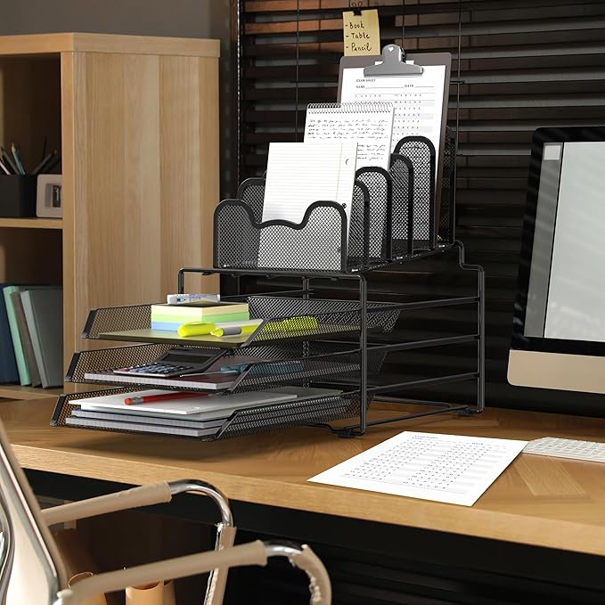 Simple Houseware Desk Organizer with 3 Sliding Tray and 5 Stacking Sections, Black