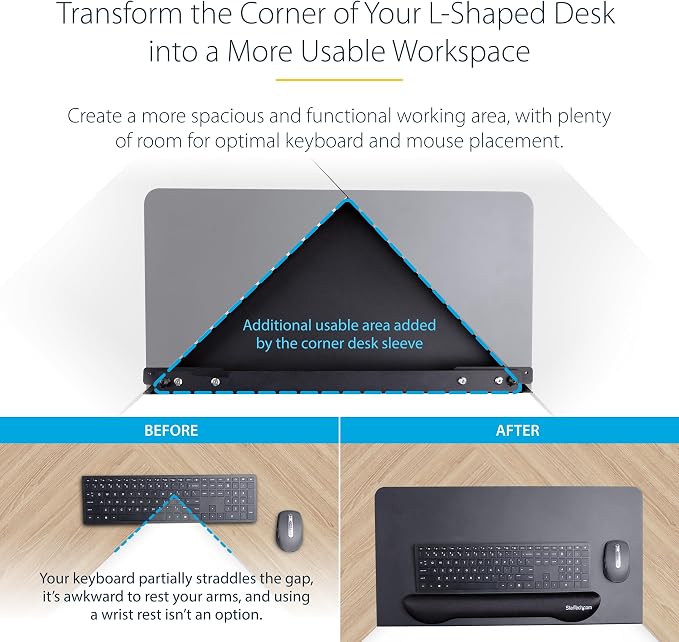 StarTech.com Clamp-On Steel Desk Corner Sleeve for L-Shaped/Corner Desk, for 0.5-1.5in (12.7-38.1mm) Desks, Increase Space for Keyboard/Mouse, Desk Extender/Tray for Wooden/Steel Desks (DSKCRNRSLV)