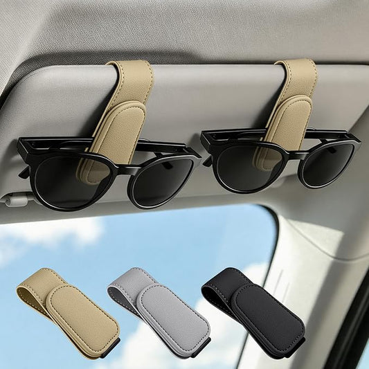 Sunglass Holder for Car Visor Magnetic Leather Visor Sunglasses Clip Eyeglass Hanger Clip for Car Sun Visor Beige 1 Pack
