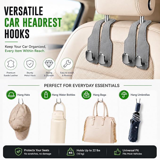 4Pcs Car Headrest Hooks with Premium Leather, Upgraded Double Metal Hooks with Anti-Drop Design, Universal Back Seat Hanger for Bags, Coats, Purses and Groceries (Stylish Gray)