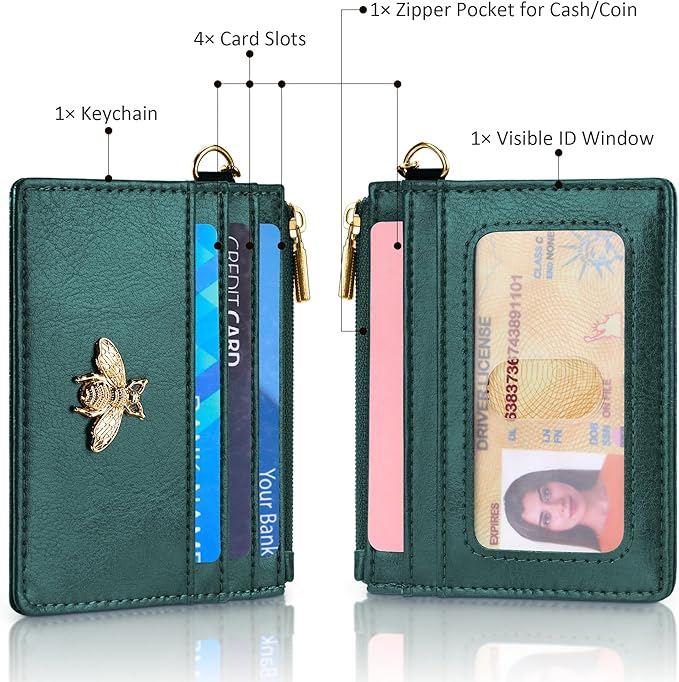 SEAVILIA Card Holder Keychain Wallet for Women with ID Window RFID Coin Purse Bee Gifts Slim Minimalist Small Wallet