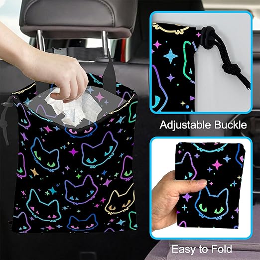 Car Trash Bag Colorful Neon Cat Heads Car Garbage Bag Hanging Car Trash Can for Back Seat with Drawstring, Waterproof Garbage Bags for Accessories Vehicle Travelling Camping Outdoor