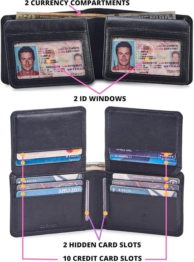 Cochoa Wallet for Men Bifold Leather RFID Blocking High Capacity Slim Card Case with 2 ID Window for Gift (Nappa, Black)