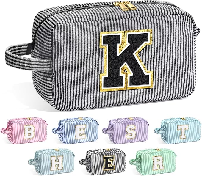 YOOLIFE Gifts for Women Teen Girls Kids - Initial Makeup Bag Cosmetic Case Toiletry Pouch, Birthday Gifts for Women Friends Sister Teacher, Black K