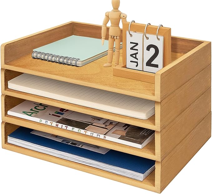 PROLEE Wooden Paper Tray Organizer for Desk, Stackable Paper Holder and Letter Tray, 4-Tier Desktop File Storage Rack for Study,Home and Office (Oak, 14" x 9.5" x 2.5")