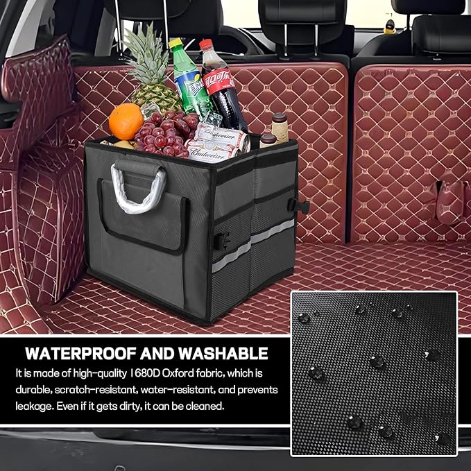 Car Trunk Organizer with Lid, 28L 2-Compartment Collapsible Trunk Cargo Storage Box, Waterproof Oxford Vehicle Backseat Storage Organizer with Base Plate & Metal Handle, Car Accessories (Black)
