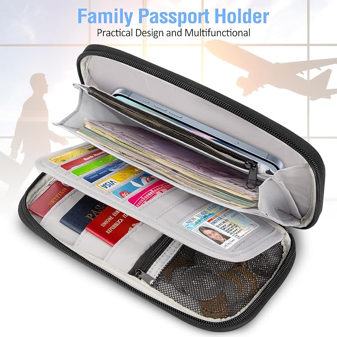 BKNOOU Family Passport Holder RFID Blocking Travel Document Organizer | Large Capacity (5 passports+13 cards), RFID Blocking, Air Travel Essentials, Detachable Wrist Strap and Shoulder Strap