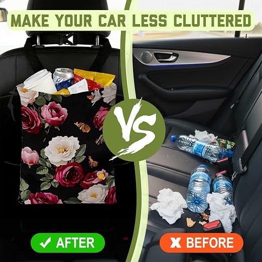 Car Garbage Bag Vintage Roses Floral Butterflies Hanging Canvas Car Trash Bag Waterproof Drawstring Car Back Seat Organizer for Car Back Front Seat Console with Adjustable Buckle