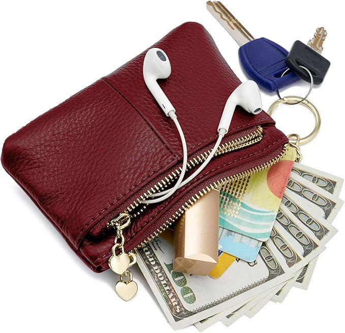 ZOOEASS Women Genuine Leather Zip Mini Coin Purse With Key Ring Triple Zipper Card Holder Wallet