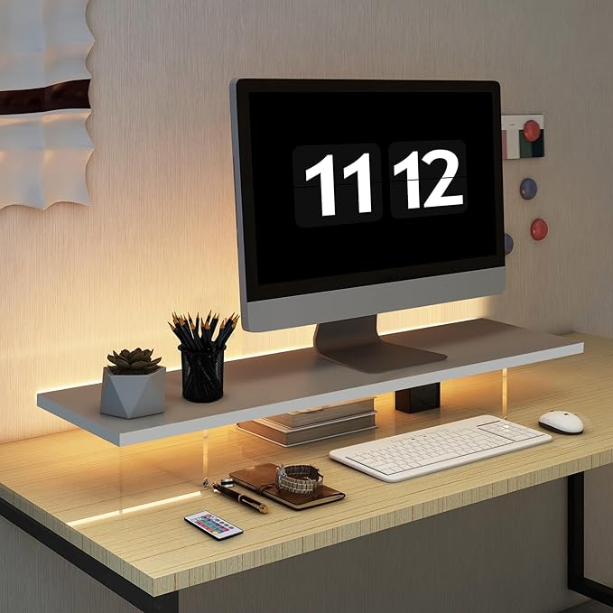 Monitor Stand Riser,Wood & Acrylic Computer Monitor Stand with LED Light,Desk Accessories Desktop Organizer Stand for Computer,Laptop,Printer,PC & TV Screen Riser